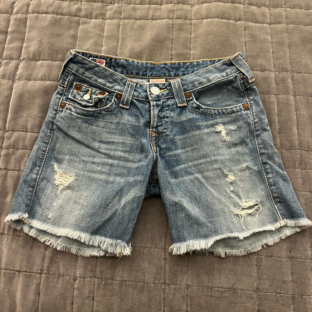 Womens size 26 low rise True Religion Blue Distressed Jean Shorts